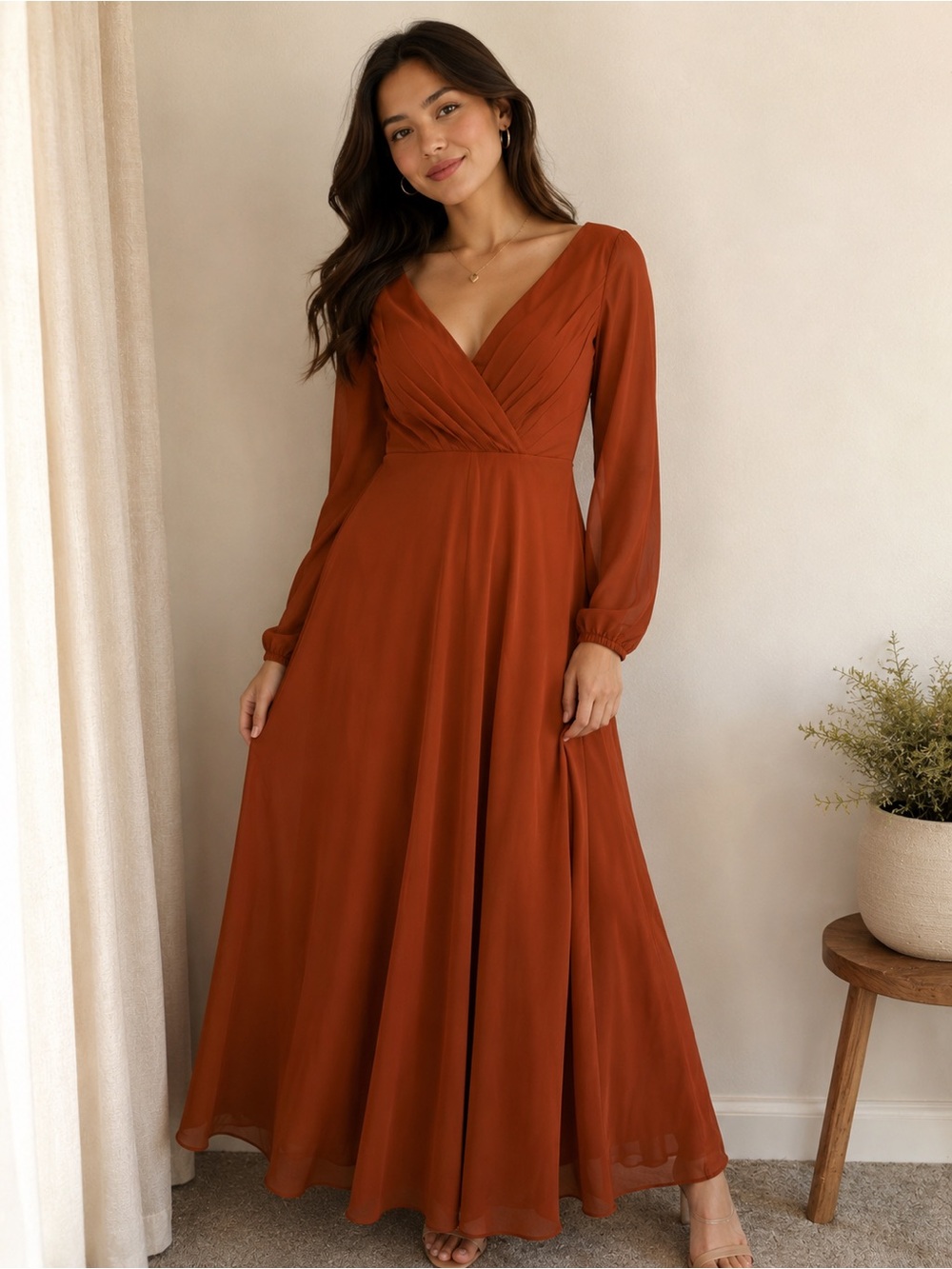 Long Sleeve V-Neck Maxi Dress in Burnt Orange